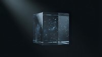 Transparent glass cube containing floating blue particles and light effects against dark background, suitable for technology, science, and digital design projects.