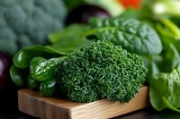 Fresh green broccoli florets and leafy vegetables on wooden cutting board, macro shot with selective focus highlighting natural texture and vibrant color.