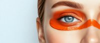 Striking orange neon makeup look with bright eyeshadow and creative face paint design on model with intense blue eyes against white background.