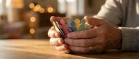 Senior man hands holding smartphone with warm bokeh lights in cozy home interior for digital communication and technology connection.