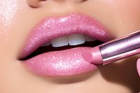 Macro shot of plump lips with shimmering pink gloss being applied with metallic lipstick. Closeup beauty cosmetics application showing glossy finish and perfect teeth.