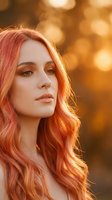 Young Caucasian woman with long wavy red hair in golden hour sunlight with warm bokeh background for beauty and lifestyle content.