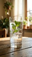 Refreshing glass of sparkling water with fresh mint leaves and ice cubes on wooden table in bright kitchen interior for healthy lifestyle concepts.