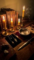 Vintage occult ritual setup with burning candles, antique books, brass candlesticks and mystical tools on wooden table creating atmospheric scene for esoteric practices.