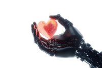 Black robotic hand holding glowing red heart against white background, representing artificial intelligence and human emotion connection in technology.