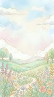 Soft watercolor spring meadow with winding path, wildflowers, rolling hills, and pastel sky, perfect for wallpapers, cards, and prints.