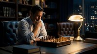 Thoughtful middle-aged Caucasian businessman playing chess in elegant study with vintage banker lamp, leather furniture and bookshelves at night.