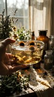 Hand holding glass bowl with chamomile flowers and golden herbal infusion, dried botanicals scattered on surface, sunlit window with cream curtains and amber bottles in background, natural wellness and herbal tea preparation.