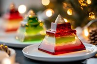 Festive layered jelly dessert in Christmas tree shape with gold glitter topping on white plate against blurred holiday lights and pine cone background.
