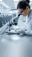 Female scientist of East Asian descent wearing protective eyewear and white lab coat examining samples under microscope in sterile laboratory setting with advanced equipment and bright overhead lighting.