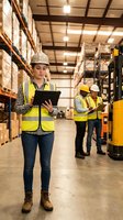 Female warehouse worker in safety gear holding tablet in distribution center with colleagues and forklift, suitable for logistics and industrial business content.