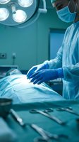 Surgeon in sterile blue scrubs and mask performing operation in modern operating room with surgical lights and medical instruments on table.