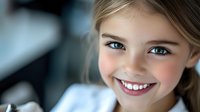 Young girl with blonde hair and blue eyes smiling at camera, displaying happiness and joy. Suitable for family, healthcare, education and lifestyle marketing materials.