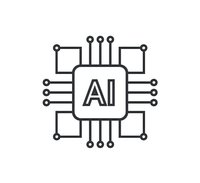 Minimalist line art microchip with AI text symbol and circuit connections on white background, isolated design element for technology concepts and branding.