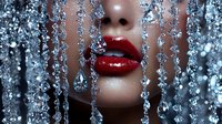Sensual red lips with glossy finish behind crystal water drops and sparkles creating dramatic beauty portrait. Luxury cosmetic concept for makeup and skincare advertising.