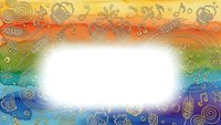 Colorful rainbow gradient frame with hand-drawn doodle symbols and white center space for text or design elements on isolated background.