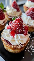 Delicious strawberry tartlets with fresh berries, whipped cream, and powdered sugar on dark plate, close-up view of gourmet dessert.