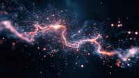 Cosmic energy stream with glowing pink and blue particles against dark space background, featuring luminous nebula trails and sparkling light effects.