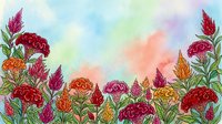 Watercolor garden border with vibrant celosia flowers in red, orange, pink and yellow on a soft pastel sky background.