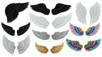 Collection of detailed angel wings in various colors and styles isolated on white background for creative design projects.