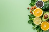 Fresh healthy ingredients with citrus fruits, avocado, chia seeds, almonds and mint leaves arranged on green background for nutritious meal preparation.
