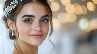 Young Caucasian bride with natural makeup, crystal headpiece and pearl earrings smiling gently against soft bokeh lights background, wedding day portrait.