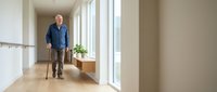 Senior man with walking cane in modern healthcare facility corridor with natural light for medical and elderly care concepts.