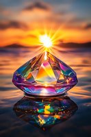 Prismatic crystal diamond reflecting sunset light with vibrant rainbow colors and sun rays, creating magical reflections on water surface at dusk.