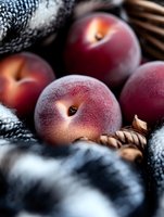 Fresh ripe peaches with water drops on dark background, close-up macro shot with selective focus. Natural organic fruit composition for food photography.