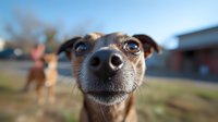 Close up portrait of curious brown dog with big nose looking directly at camera with funny expression against blurred outdoor background.
