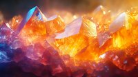 Vibrant crystal formation with glowing orange and blue mineral structures illuminated from within, showcasing natural geological formations in macro photography.