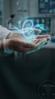 Doctor hands holding glowing medical symbol with futuristic holographic technology in modern healthcare facility for digital medicine concepts.