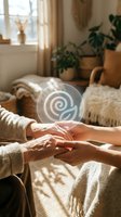 Caring hands holding together in warm sunlit living room with cozy blankets and plants creating peaceful atmosphere for comfort and support concepts.