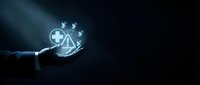 Healthcare professional holding glowing digital medical icons including cross, warning symbol and stars, representing modern medicine, health technology and clinical services.