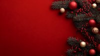 Festive Christmas decoration with red and gold ornaments, pine branches, and berries on rich red background with copy space for holiday designs.