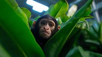 Young chimpanzee peering through large green banana leaves, close-up portrait showing curious expression and innocent eyes against dark background.