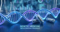 DNA double helix structure with molecular compounds in blue laboratory background for genetic medicine and biotechnology research applications.