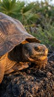 Giant tortoise basking on volcanic rock in warm golden sunlight with tropical vegetation background showcasing ancient reptile in natural habitat.