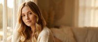 Young blonde Caucasian woman in cozy beige sweater sitting by window with warm natural lighting in modern living room interior for lifestyle content.
