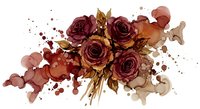 Watercolor roses bouquet with artistic paint splashes in burgundy and brown tones on white background for romantic designs and floral decorations.
