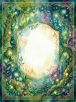 Enchanted forest frame with magical glowing lights and ornate botanical border. Fantasy nature background with central copy space for text or design elements.