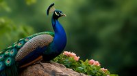 Majestic peacock with vibrant blue plumage perched on rock among pink flowers against blurred green natural background, displaying regal profile and ornate feather patterns.