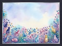 Watercolor cats and flowers border frame in purple, teal and gold tones with copy space for text or greeting card design.