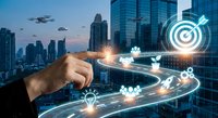 Business hand touching digital technology interface with glowing icons over modern city skyline at dusk for innovation and connectivity concepts.