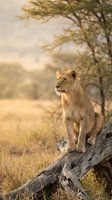 Young lion sitting on fallen tree trunk in golden savanna landscape with acacia tree during warm sunset light for wildlife photography.