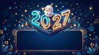 New Year 2027 celebration banner with glowing numbers, Santa character, festive decorations, stars and sparkles on dark blue background. Isolated design element ready for greeting cards, posters and holiday promotions.