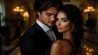 Romantic couple in elegant evening attire share intimate moment at luxury gala. Hispanic woman in black sequin dress and Latino man in tuxedo against blurred golden lights.