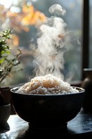 Steaming hot white rice in black ceramic bowl with rising vapor against window light, garnished with black pepper and herbs for food photography and menu design.