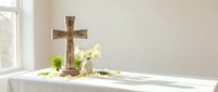 Wooden cross with white flowers and candles on table by window creating peaceful Easter or memorial worship atmosphere for spiritual reflection.