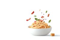 Spaghetti pasta in white bowl with falling ingredients including red pepper, herbs, and spices on white background for food menu design.